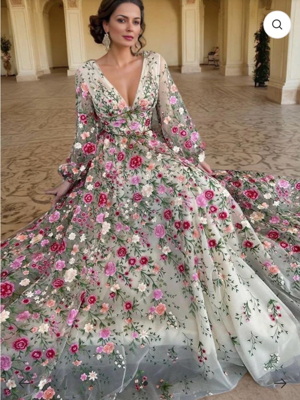 Ivory Floral Embroidered V-Neck Long Sleeve Maxi Dress